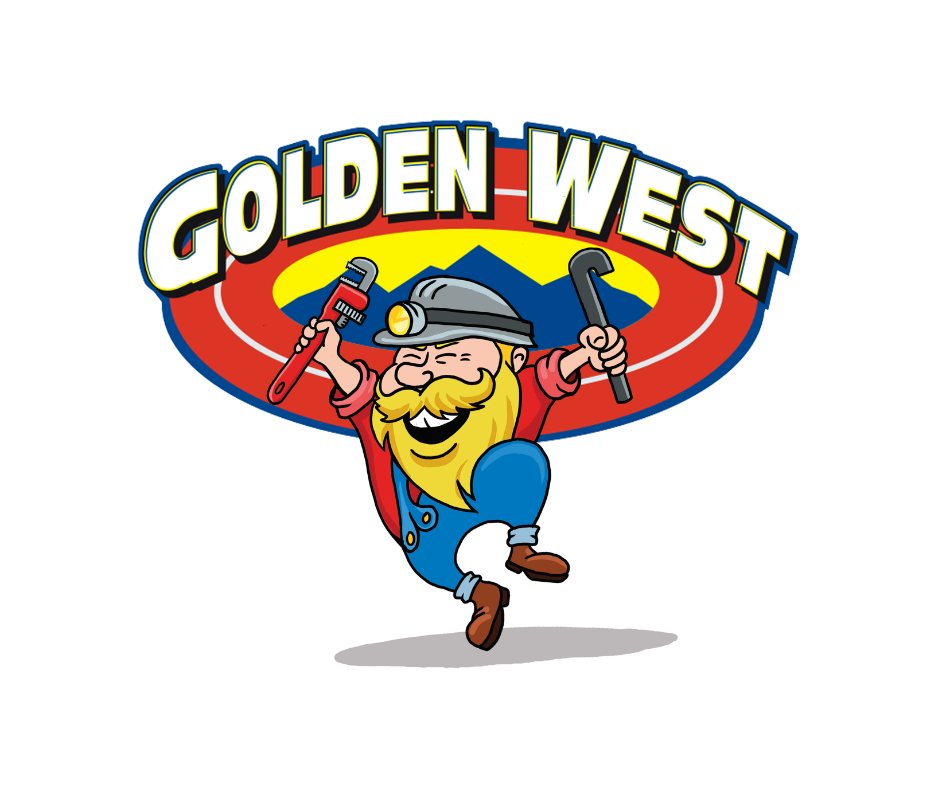 A cartoon bearded miner holding a wrench and pipe stands under the text “Golden West” with a red, yellow, and blue oval background.