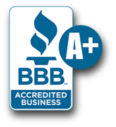BBB Accredited Business logo with an A+ rating badge on a black background.