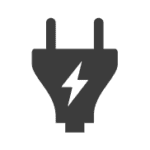 A black electric plug icon with a lightning bolt symbol in the center, set against a white background.