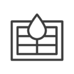 A black icon of a water droplet above a rectangular grid, likely representing fluid measurement or filtration.