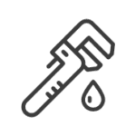 Black and white icon of a pipe wrench with a water droplet falling from it, symbolizing plumbing or a plumbing issue.