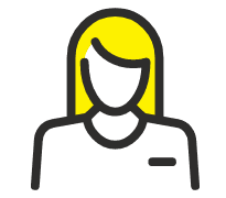 Simple icon of a person with long yellow hair, wearing a shirt with a name tag, depicted in black outlines with no facial features.