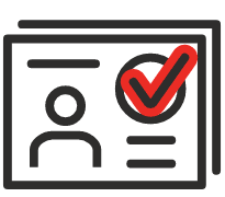 Icon showing an ID card outline with a user silhouette and a large red checkmark, indicating verification or approval.
