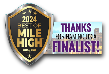 A gold and black shield reads "2024 Best of Mile High, Inbound Systems." Next to it, text says "Thanks for naming us a finalist!" with a city skyline background.