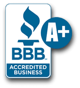 BBB Accredited Business logo with an A+ rating displayed in a blue circle on the right side of the badge.