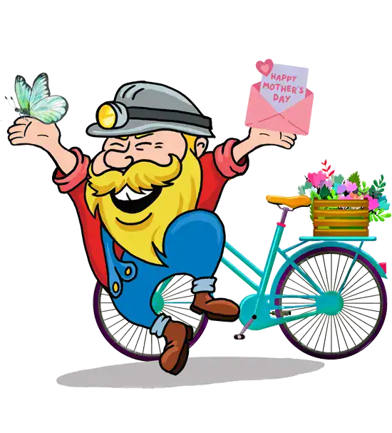 Cartoon miner holding a butterfly and a "Happy Mother's Day" card, standing in front of a bicycle with a basket of flowers.