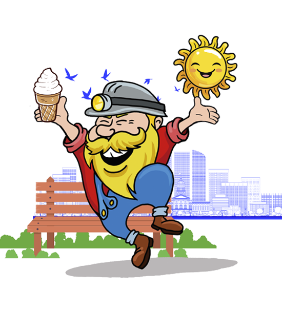 Cartoon miner with a yellow beard holding an ice cream cone and leaping cheerfully beside a smiling sun, with a park bench and city skyline in the background.