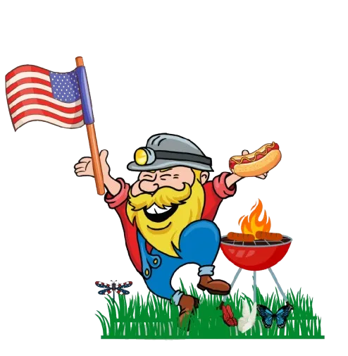 Cartoon miner holding an American flag and a hot dog, standing on grass near a barbecue grill with butterflies around.