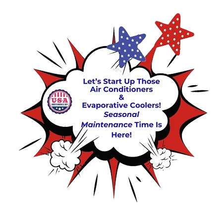 A graphic with comic-style stars and bursts promotes seasonal maintenance for air conditioners and evaporative coolers, stating, "Let's Start Up Those Air Conditioners & Evaporative Coolers!.