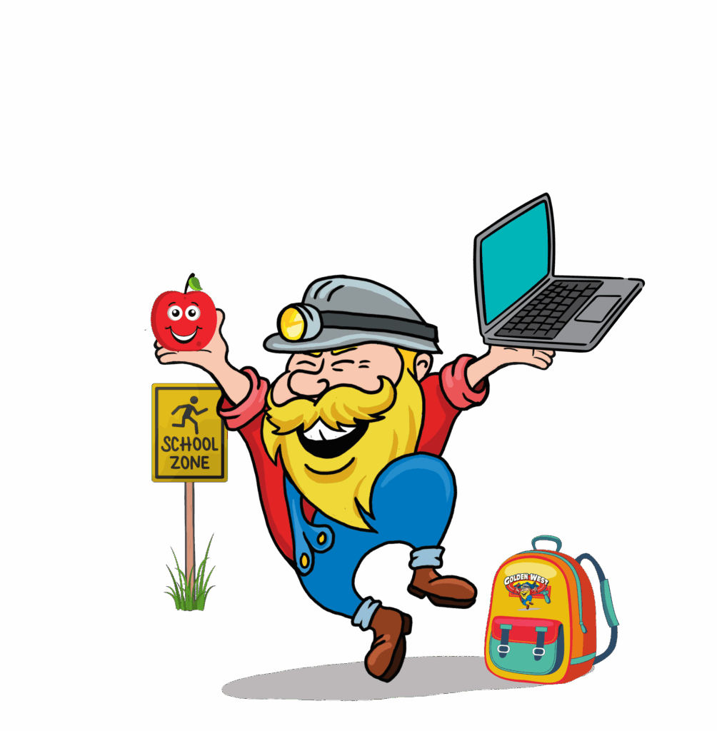 Cartoon miner holding a laptop and an apple, standing by a school zone sign, with a backpack on the ground.