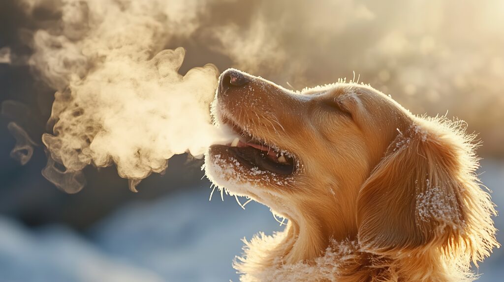 A golden retriever with frost on its fur exhales visible breath in cold air, with its eyes closed and mouth slightly open.