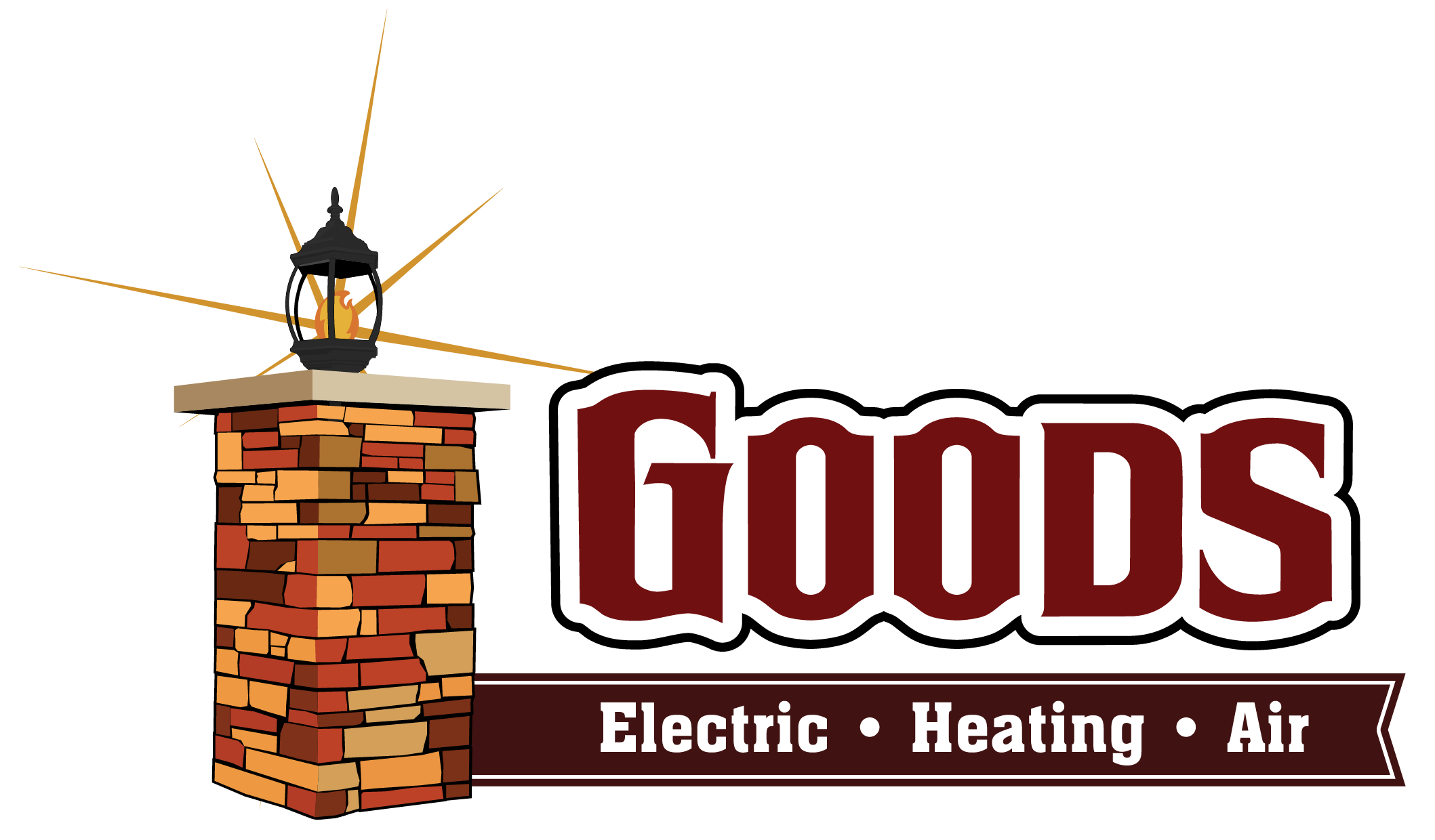 Logo for Goods Electric Heating Air, featuring a brick pillar with a lantern on top and the company name beside it.