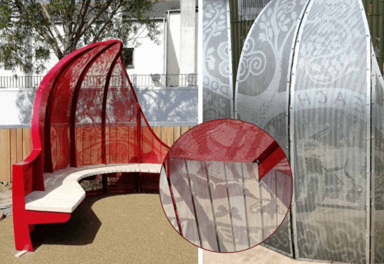 Picture perf seating for school with images perforated into the metal