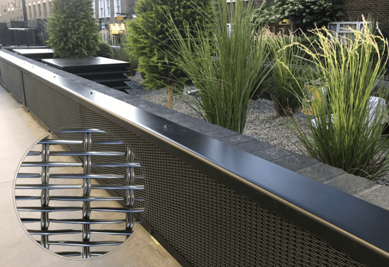 Woven wire planters with close up circle of the woven wire pattern
