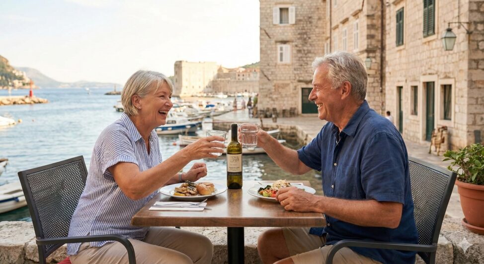 Relaxed retired couple enjoying a luxury travel experience, illustrating how to spend money in retirement without saver's guilt.