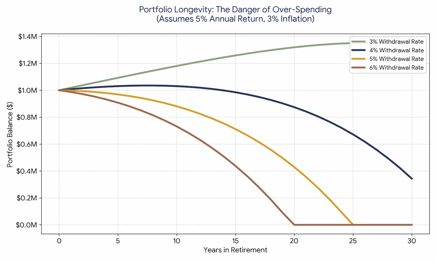 Line graph comparing retirement portfolio longevity at 3%, 4%, 5%, and 6% withdrawal rates over 30 years.