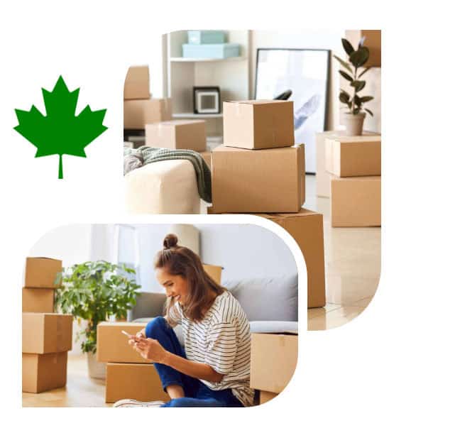 Woman using smartphone amid moving boxes in a bright, modern home.