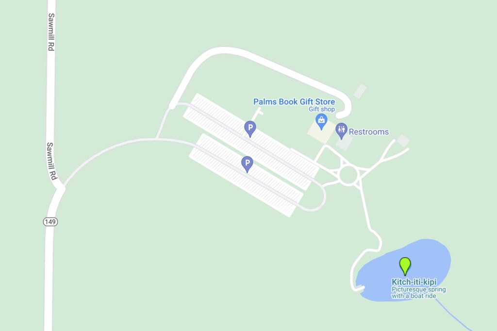 Kitch-Iti-Kipi – All You Need To Know Map of Kitch-iti-kipi. It shows the parking lot, Palms Book Gift Store, Restrooms and Kitch-iti-kipi.