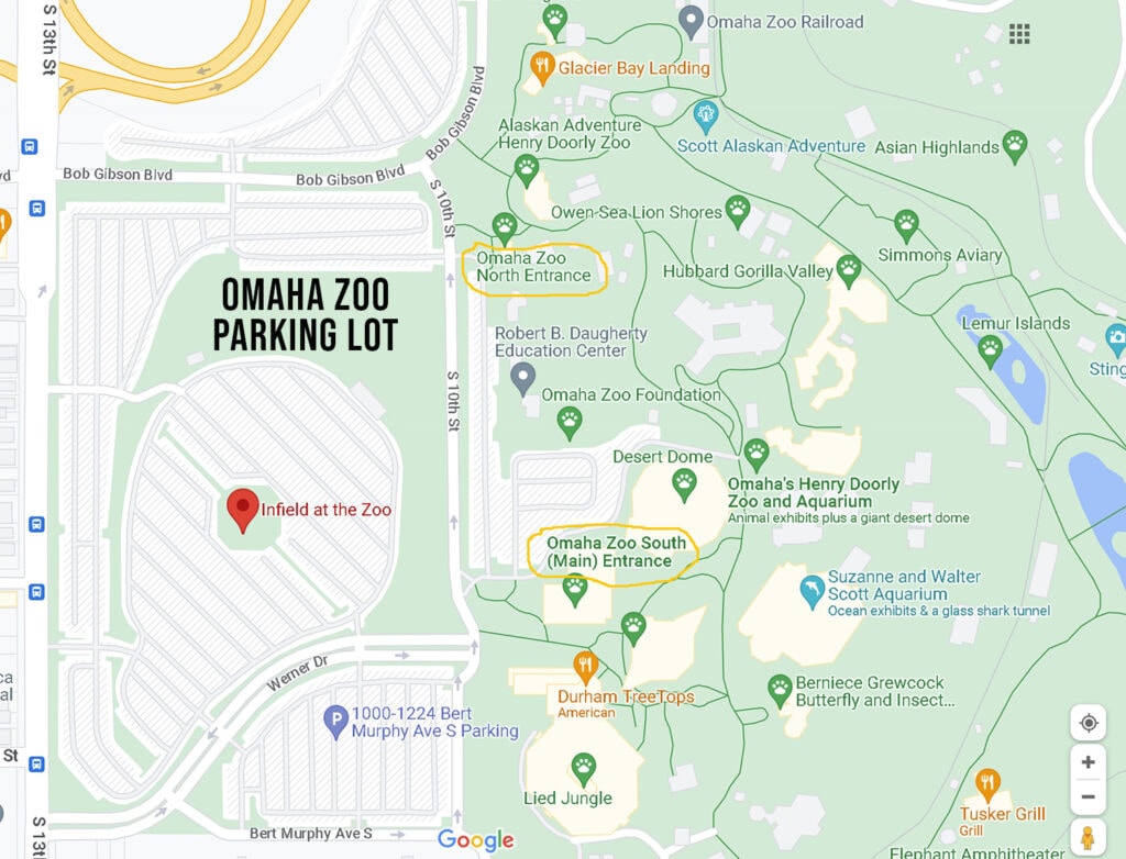 Get Wild in Omaha: A Guide to America’s Best Zoo – Omaha Zoo Map showing the parking lot at Omaha Zoo. The parking lot is conveniently located near both the South Entrance and the North Entrance. It provides ample parking space for visitors to park their vehicles during their visit to the zoo.