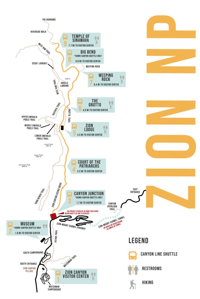 Zion National Park Shuttle & Parking 101 – Ultimate Guide Map of Zion National Park shuttle stops and parking tips