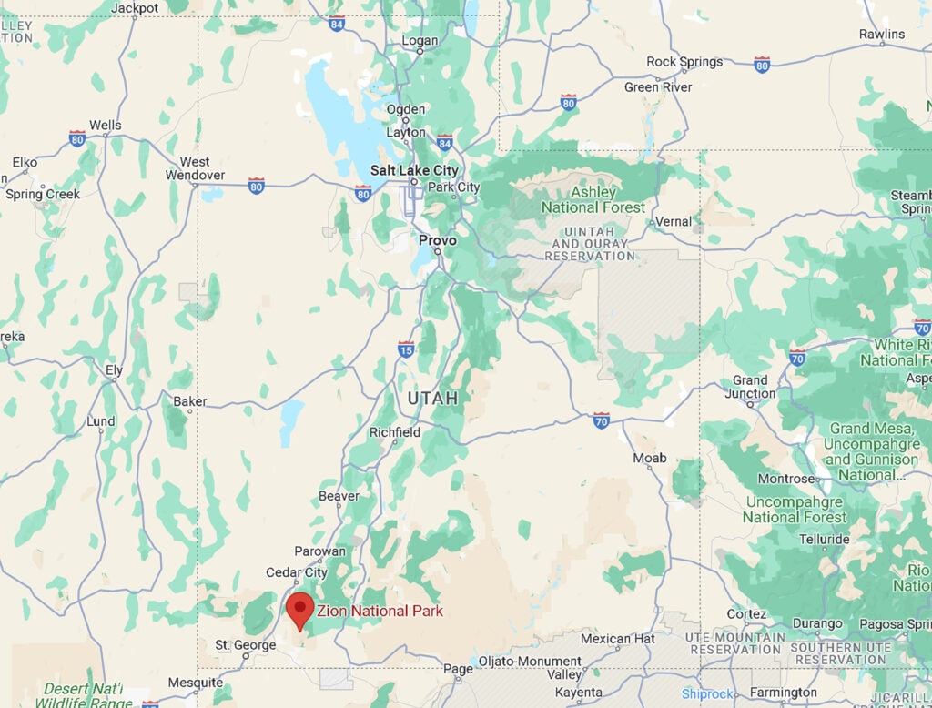 Ultimate Guide – Closest Airports To Zion National Park Map: Zion National Park's geographical location highlighted on a map of the southwestern United States.