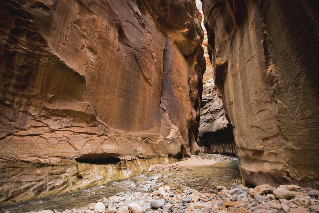 Discover the Funnest National Parks for Kids Image of the Zion Narrows at low water level, revealing the rocky riverbed and towering canyon walls. The narrow passage showcases the unique geological formations of Zion National Park, creating a striking visual contrast between the rocky terrain and steep cliffs.