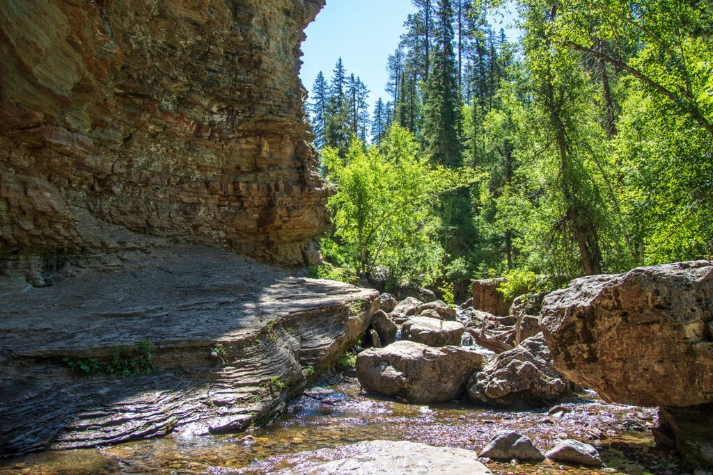 Your Ultimate Guide To Hiking Devil’s Bathtub SD Image featuring large rocks along the Devil's Bathtub trail in Spearfish Canyon. These natural obstacles provide a unique hiking experience, requiring climbers to navigate and overcome the rocky terrain.