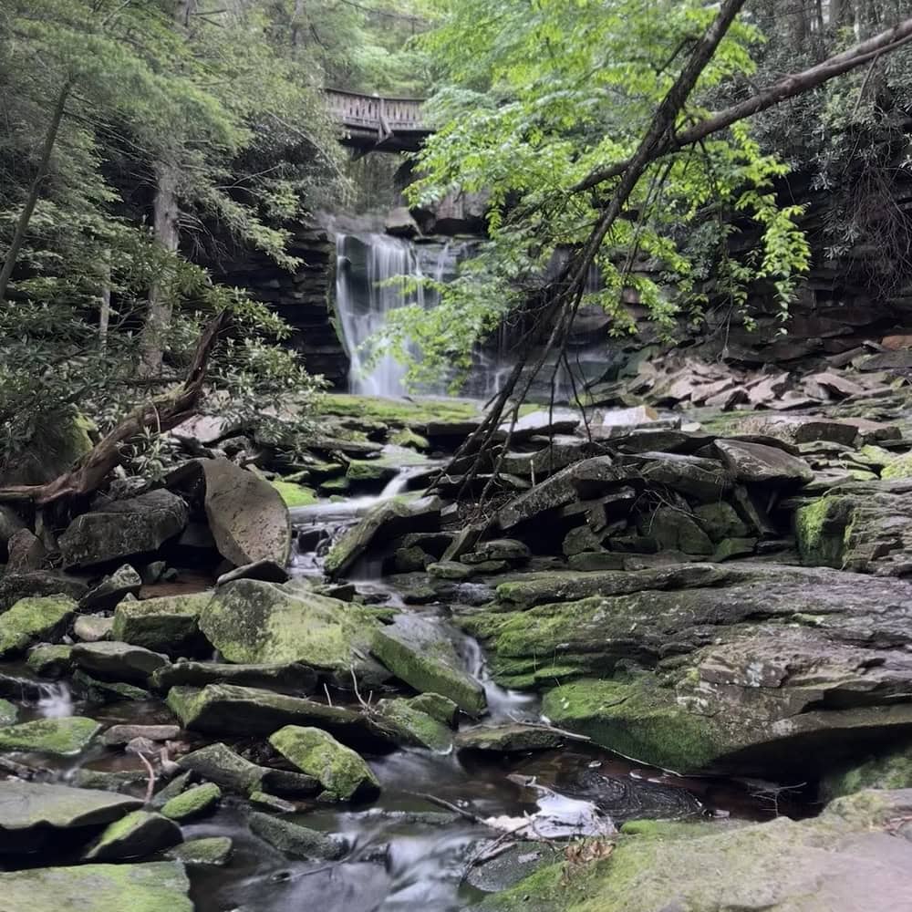 Blackwater Falls State Park Guide: Trails & Top Sights Distant view of the base of Elakala Falls with large rocks scattered around, showing the rocky approach to get closer to the waterfall.