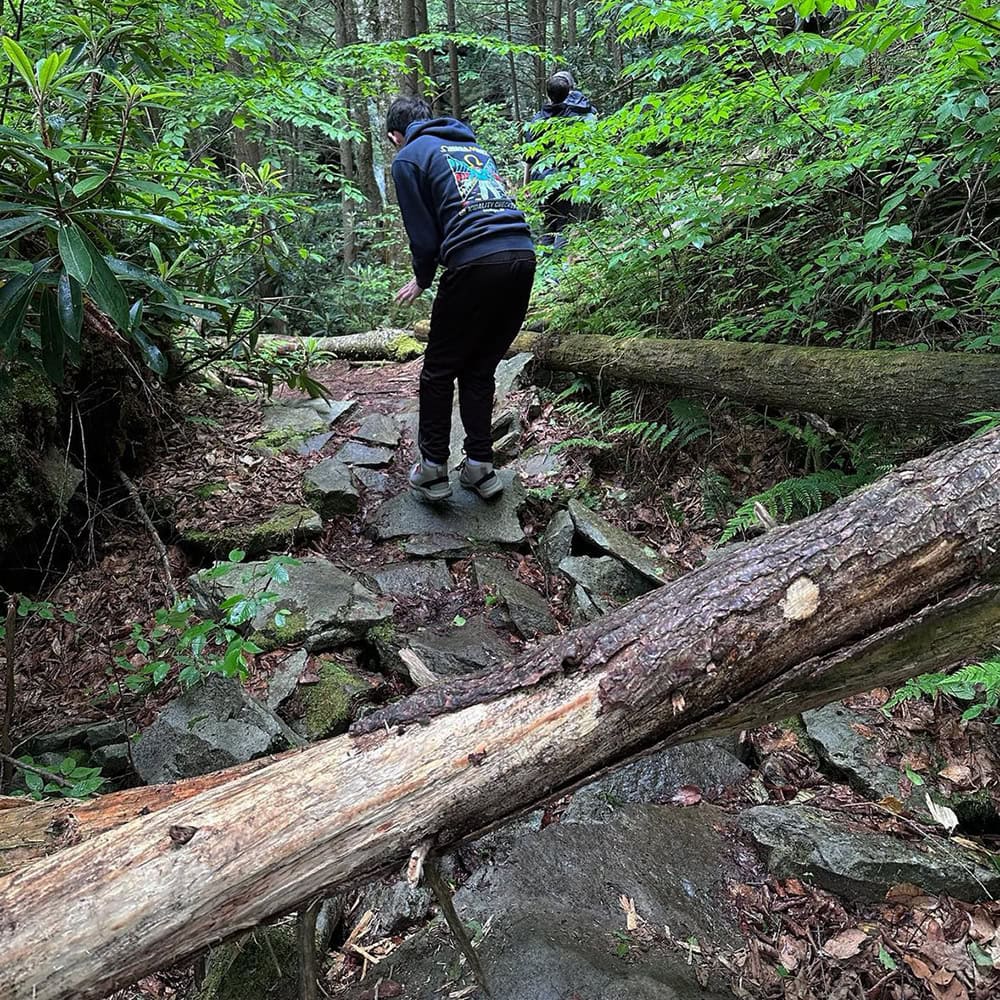 Blackwater Falls State Park Guide: Trails & Top Sights Making our way down to the base of Elakala Falls, navigating a rugged trail in Blackwater Falls State Park.