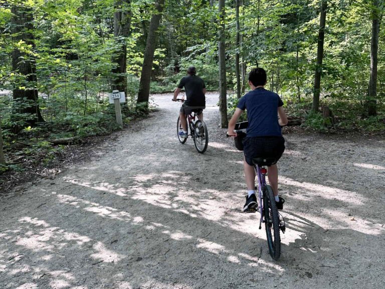 Family biking a wooded trail — part of our summer bucket list adventure.