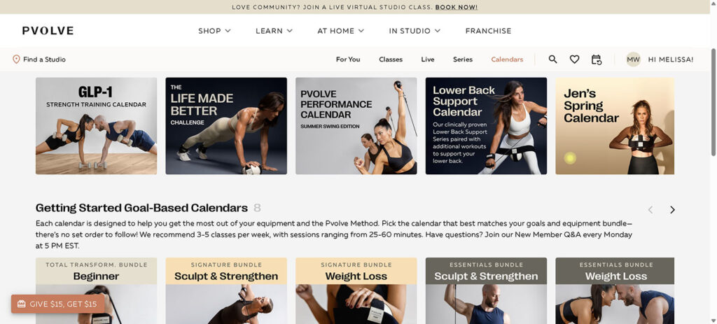 A screenshot of some of the workout series that Pvolve has to offer.