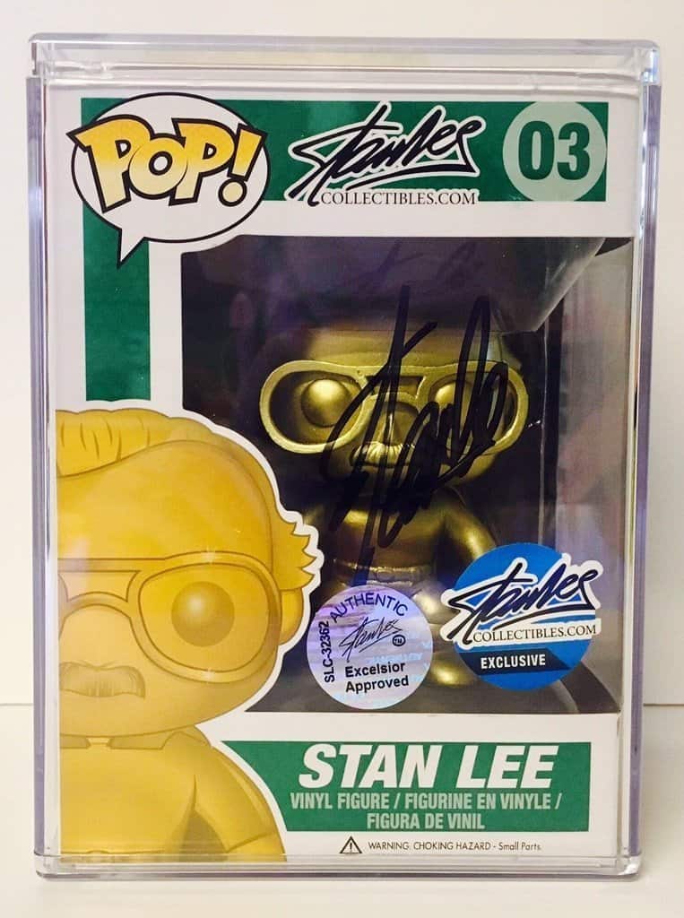 Autographed Stan Lee Funko collectible with authenticity sticker.