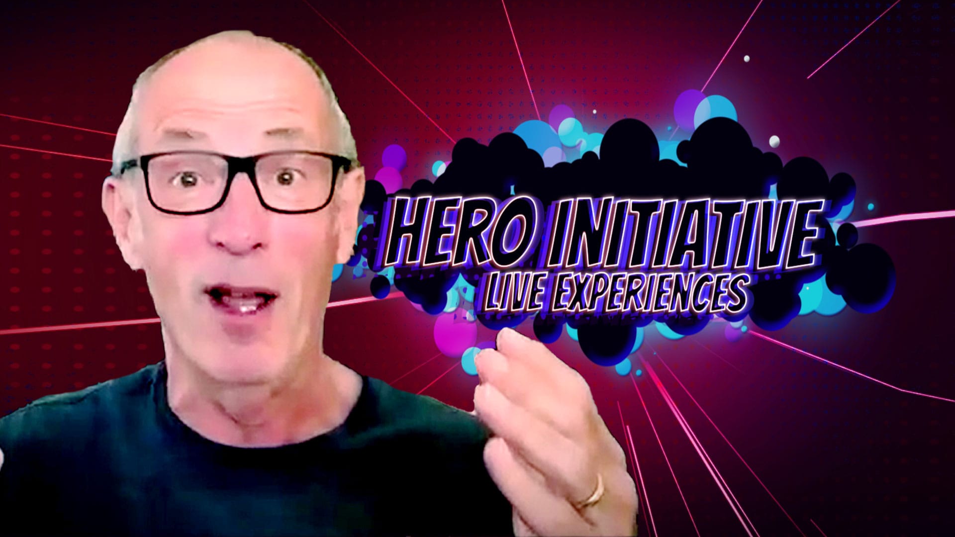 Vibrant digital graphic with a man holding a colorful sign that says "Hero Initiative Live Experiences" for engaging live event promotion.