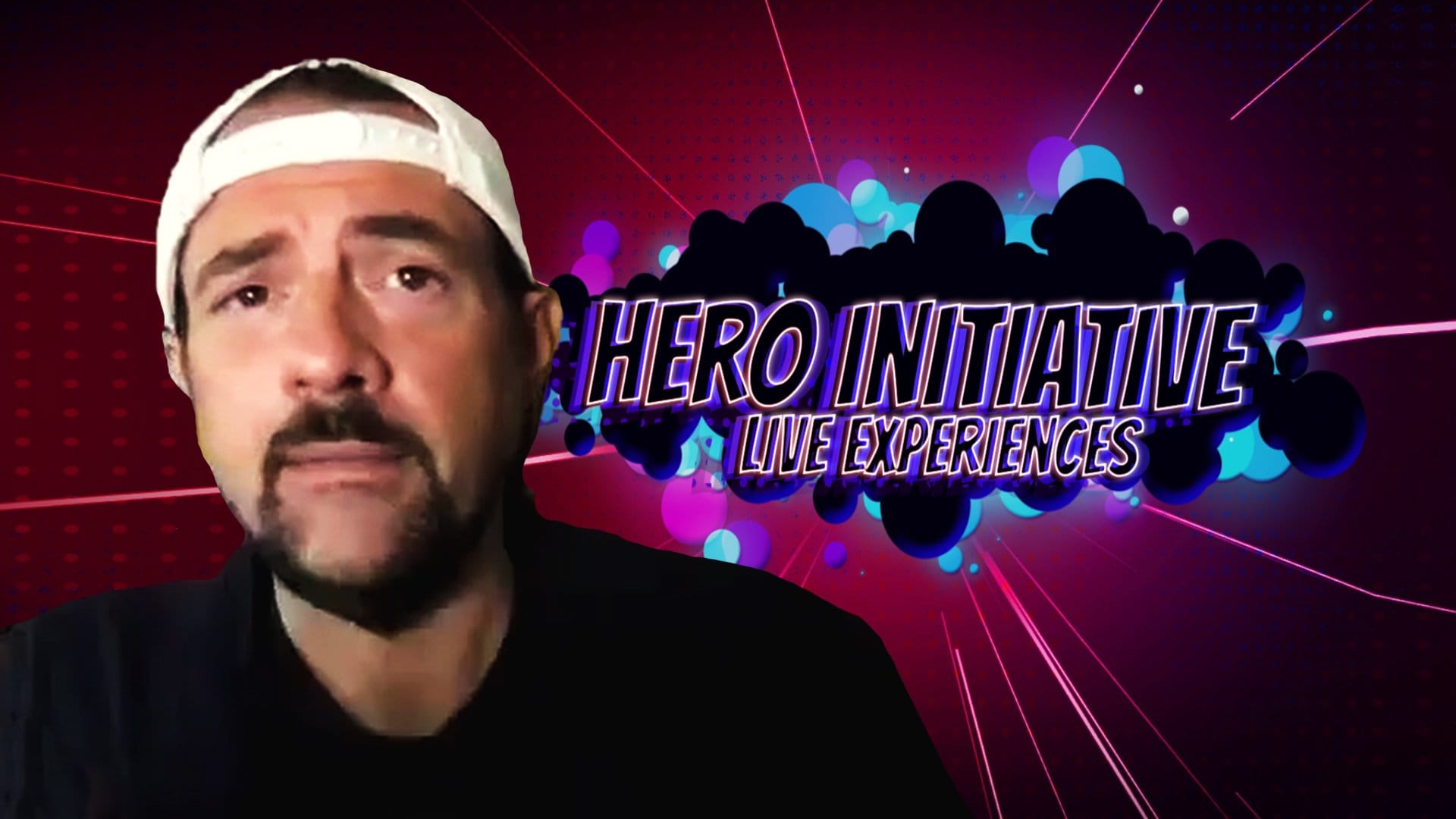 Colorful digital background highlighting Hero Initiative's live event branding and support efforts.