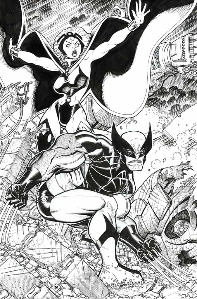 Vivid black and white comic book illustration featuring Marvel superheroes, including Wolverine and Vampirella, in action.