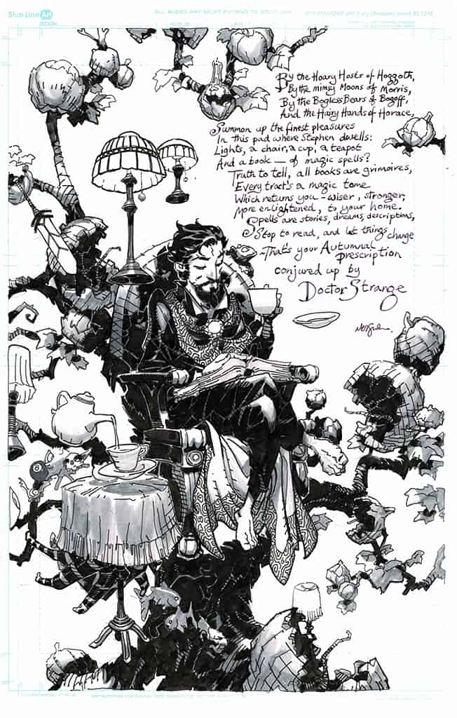 Detailed black-and-white artistic drawing featuring a seated man reading in a fantasy setting.