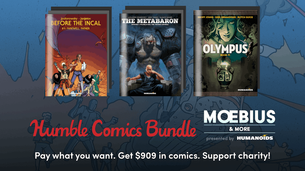 Unique comics bundle for charity, featuring popular titles like Moebius & Olympus. Support good causes with exclusive graphic novels.