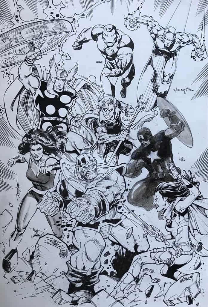Detailed black and white drawing of Marvel superheroes, including Thor, Iron Man, Captain America, and more.