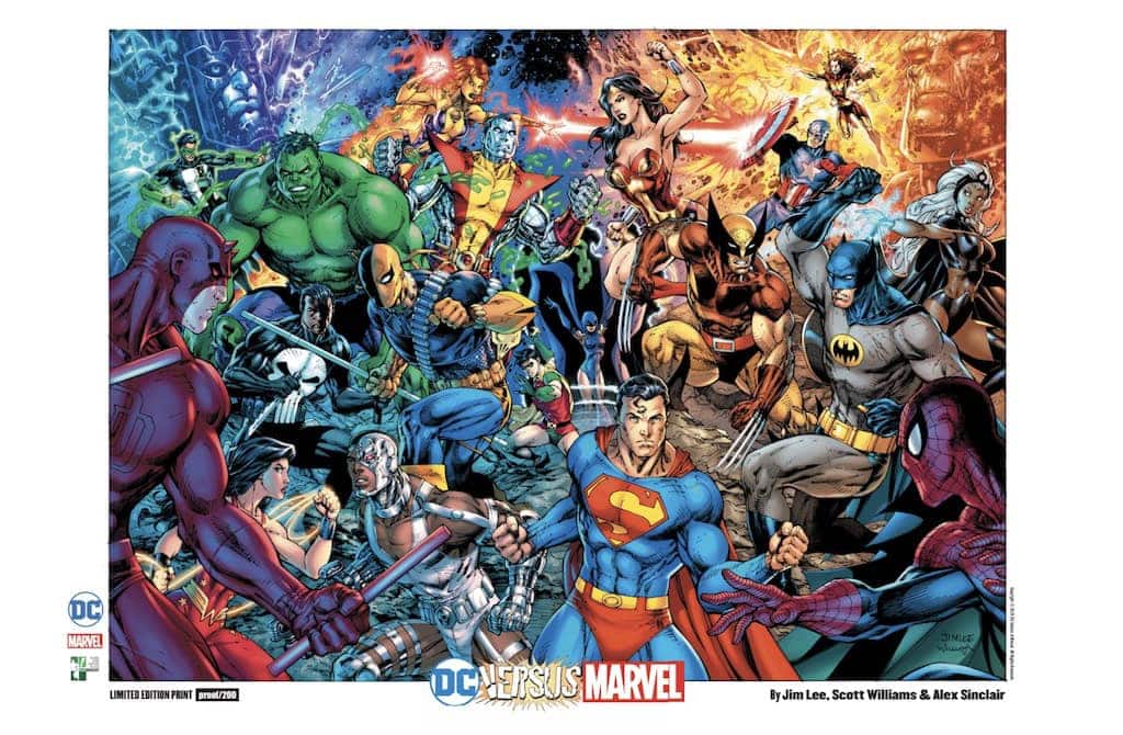 Vibrant comic book heroes including Superman, Batman, Spider-Man, Wonder Woman, and more fighting.