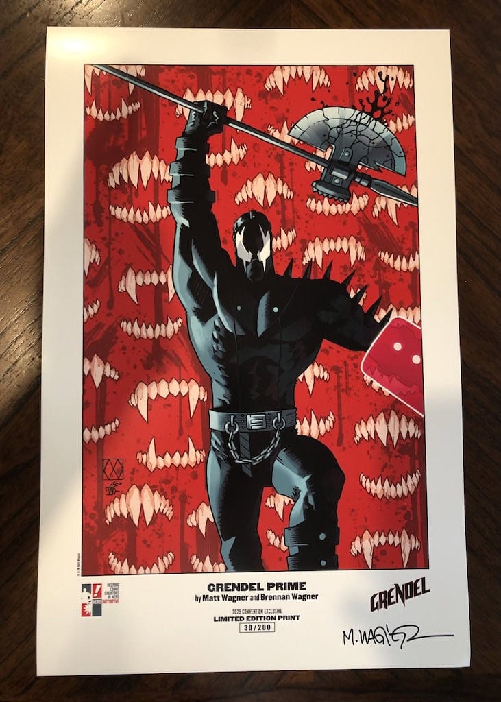 Detailed illustration of Grendel Prime from the comic by Matt Wagner and Brennan Wagner, limited edition print.