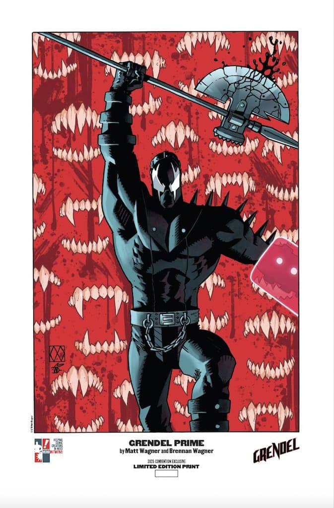 Hero comic character holding axe against scary background with fierce expression.