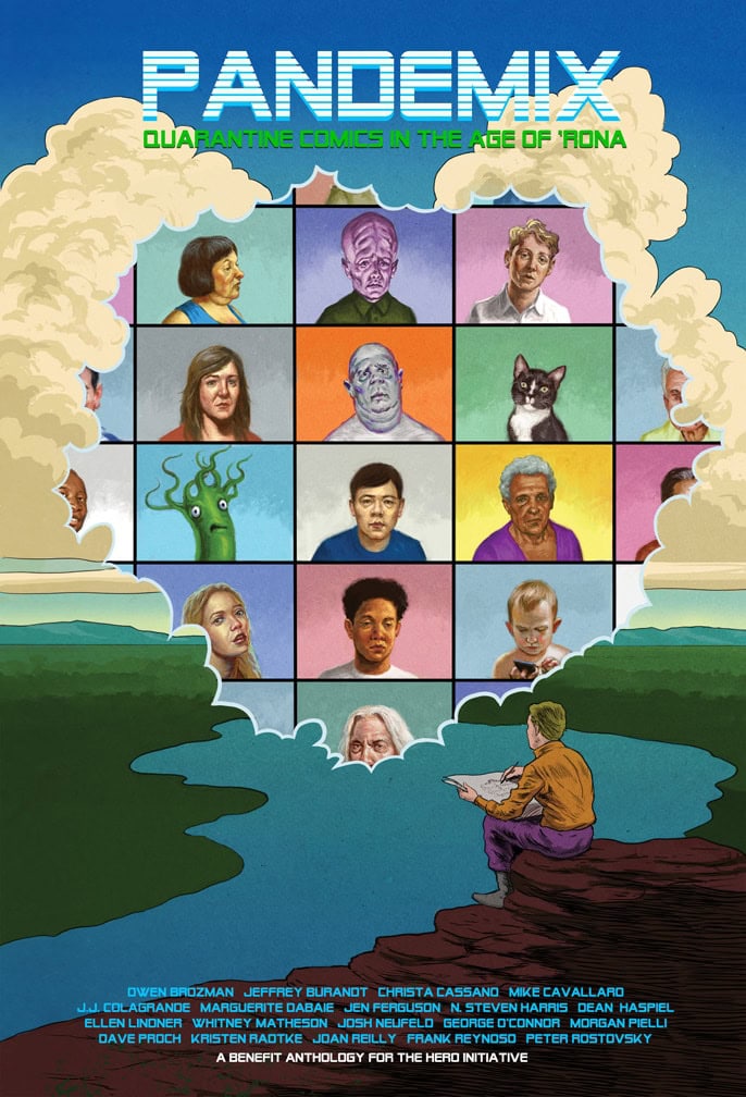 An illustration of diverse characters, representing quarantine comics during the 'Rona era, amid a cloud of smoke.