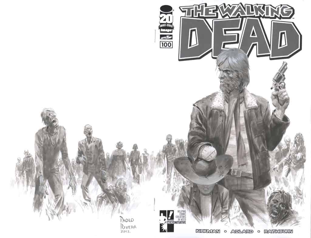 High-quality grayscale illustration of The Walking Dead comic cover featuring zombie characters and a detailed central figure holding a gun.