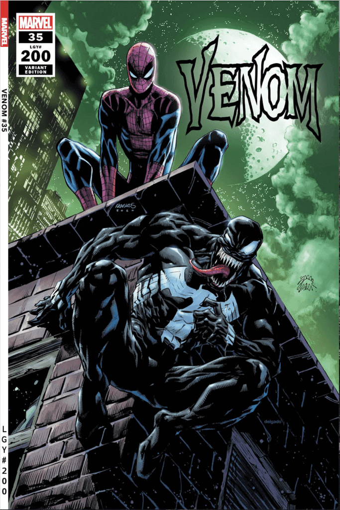 High-quality comic book artwork of Venom and Spider-Man on rooftop at night.