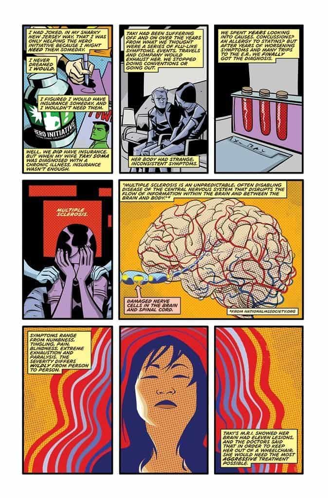 Comic art illustration showing brain damage and emotional distress, highlighting hero initiative's s.