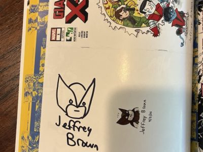 Comic book page featuring X-Men and artist Jeffrey Brown's signature.
