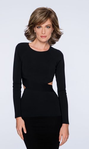 Woman with styled short brown wig, wearing a black dress, showcasing Allure wig.