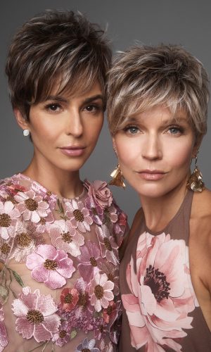 Elegant short layered wig with textured blonde highlights.