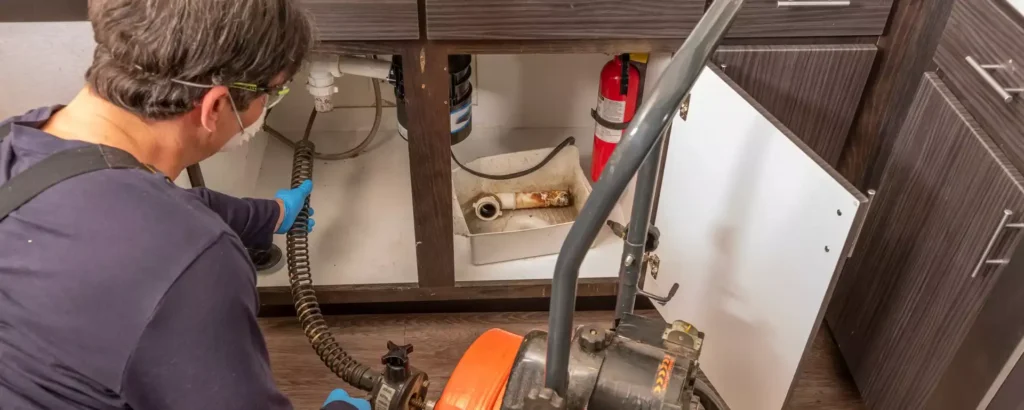 A plumber wearing blue gloves uses a drain cleaning machine under a kitchen sink. Tools and a fire extinguisher are visible inside the open cabinet.