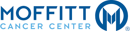 Logo of Moffitt Cancer Center with blue text and a circular emblem containing stylized letter "M".